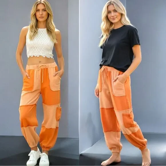 POL Jogger Pants Orange Patchwork Adjustable Drawstring Cargo Pockets Contrast - Picture 2 of 7